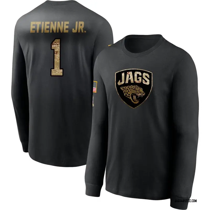 Men's Jacksonville Jaguars ＃1 Travis Etienne Jr. Black 2020 Salute To Service Sideline Performance Long Sleeve T-Shirt