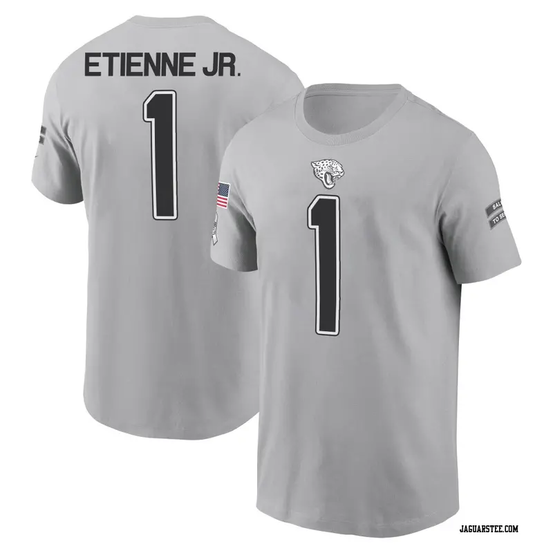 Men's Jacksonville Jaguars ＃1 Travis Etienne Jr. Gray 2024 Salute to Service Name & Number T-Shirt