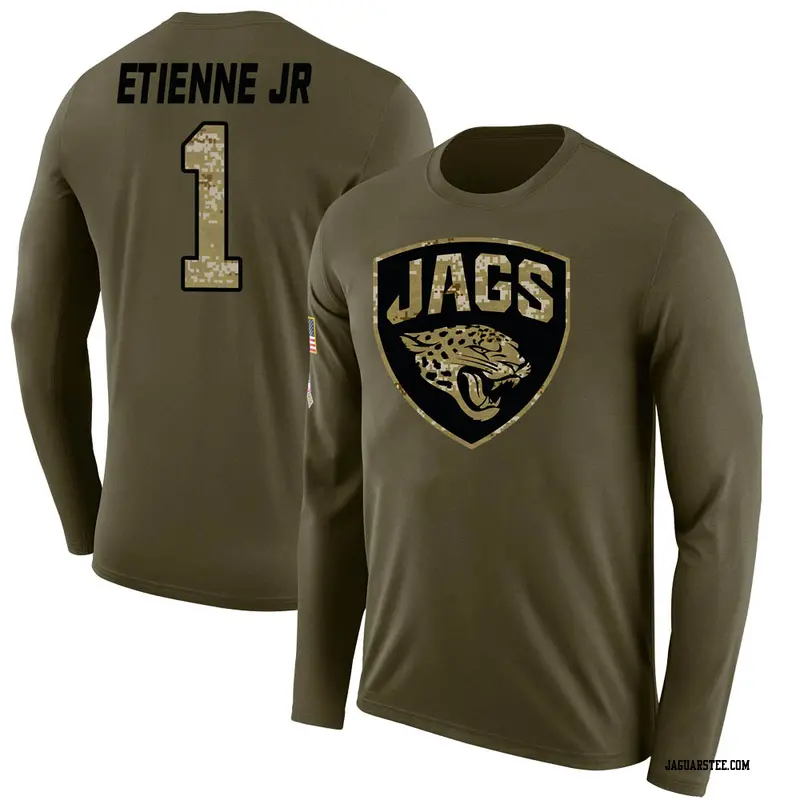 Men's Jacksonville Jaguars ＃1 Travis Etienne Jr. Olive Salute to Service Sideline Long Sleeve T-Shirt