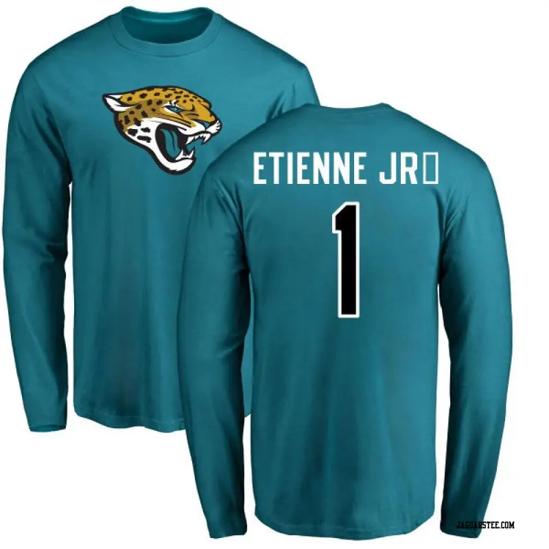 Men's Jacksonville Jaguars ＃1 Travis Etienne Jr. Teal Name & Number Logo Long Sleeve T-Shirt