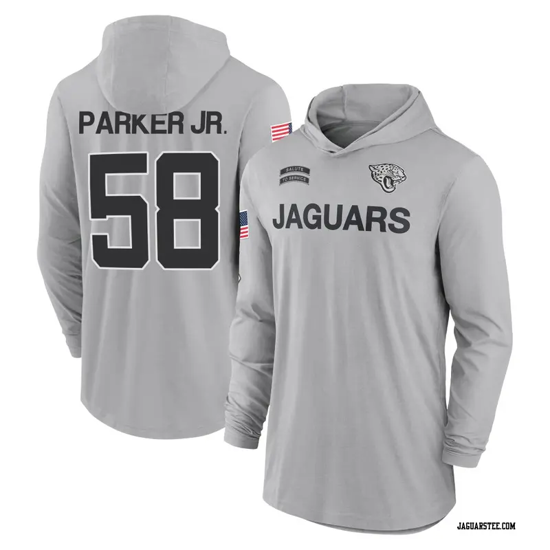 Men's Jacksonville Jaguars ＃58 Andrew Parker Jr. Gray 2024 Salute to Service Lightweight Performance Long Sleeve Hooded T-Shirt