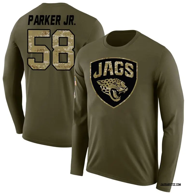 Men's Jacksonville Jaguars ＃58 Andrew Parker Jr. Olive Salute to Service Sideline Long Sleeve T-Shirt