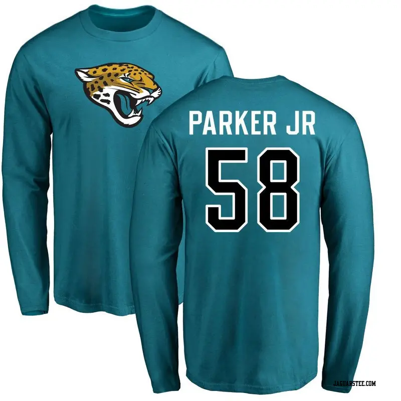 Men's Jacksonville Jaguars ＃58 Andrew Parker Jr. Teal Name & Number Logo Long Sleeve T-Shirt