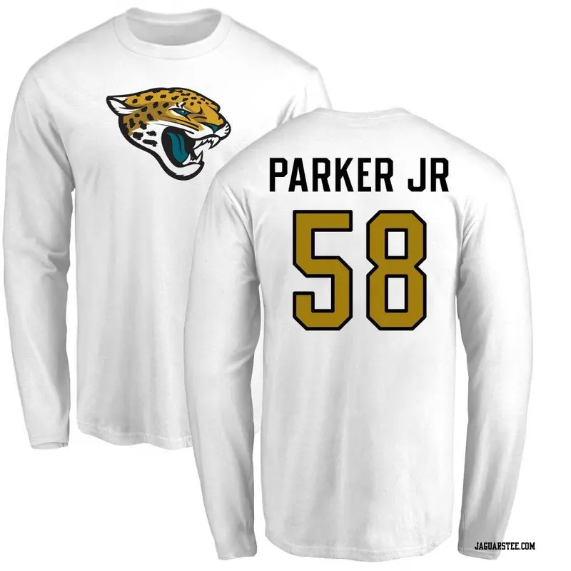 Men's Jacksonville Jaguars ＃58 Andrew Parker Jr. White Name & Number Logo Long Sleeve T-Shirt