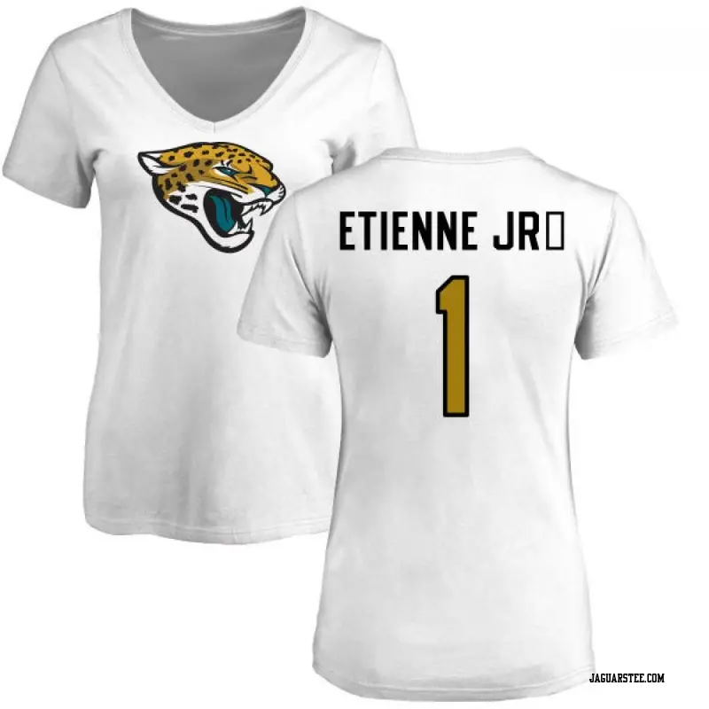 Women's Jacksonville Jaguars ＃1 Travis Etienne Jr. White Name & Number Logo Slim Fit T-Shirt