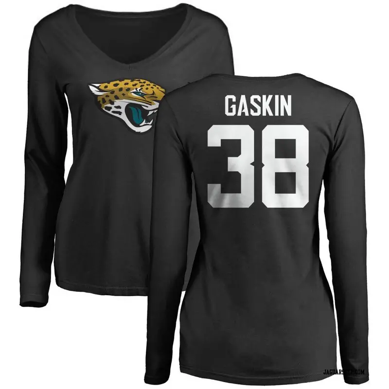 Women's Jacksonville Jaguars ＃38 Myles Gaskin Black Name & Number Logo Slim Fit Long Sleeve T-Shirt