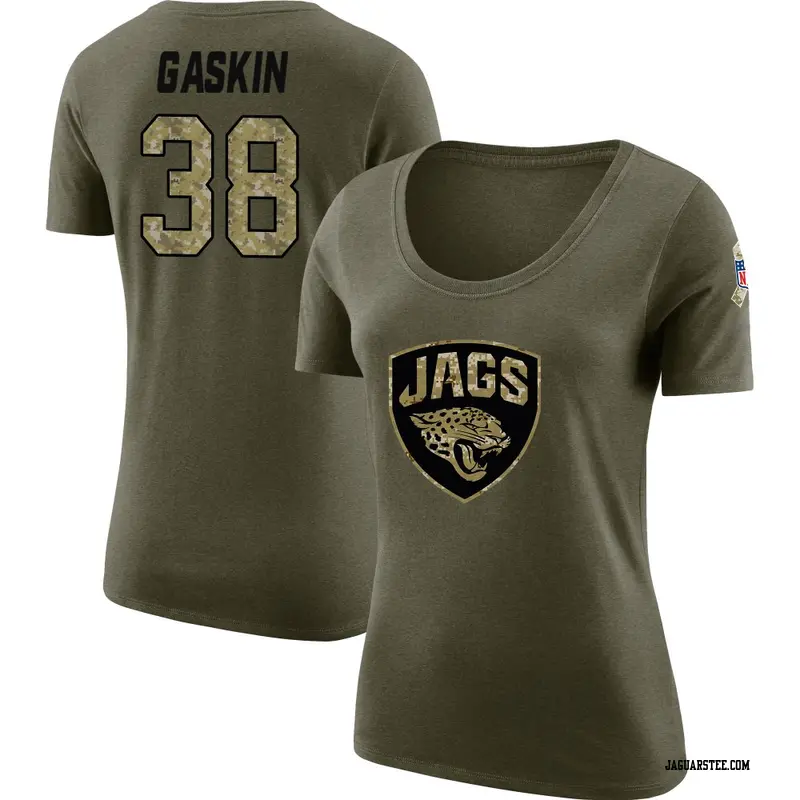 Women's Jacksonville Jaguars ＃38 Myles Gaskin Olive Salute to Service Scoop Neck T-Shirt