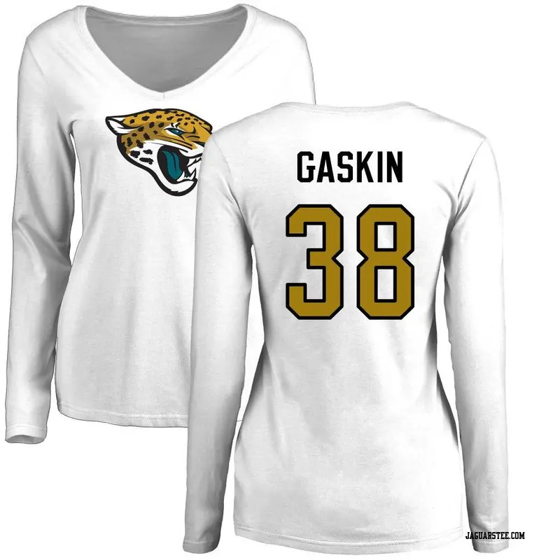 Women's Jacksonville Jaguars ＃38 Myles Gaskin White Name & Number Logo Slim Fit Long Sleeve T-Shirt