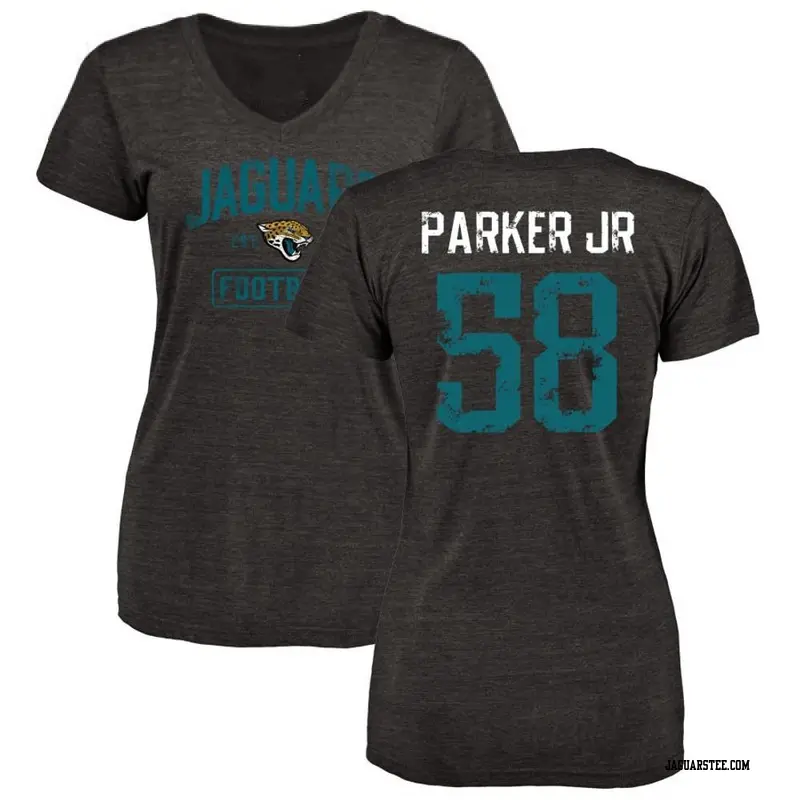 Women's Jacksonville Jaguars ＃58 Andrew Parker Jr. Black Distressed Name & Number V-Neck T-Shirt