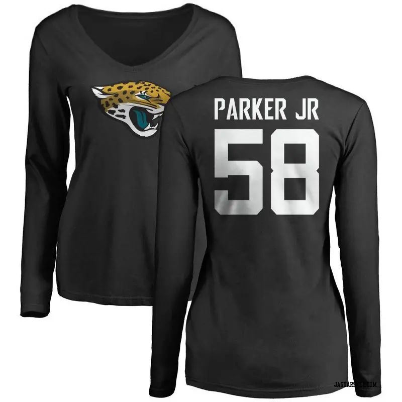 Women's Jacksonville Jaguars ＃58 Andrew Parker Jr. Black Name & Number Logo Slim Fit Long Sleeve T-Shirt