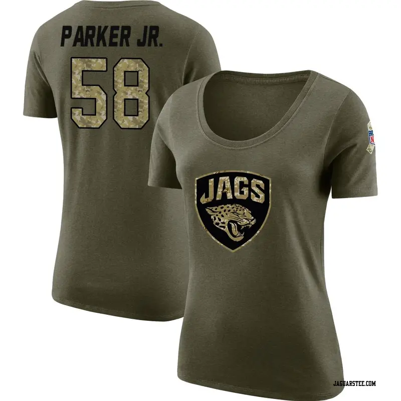 Women's Jacksonville Jaguars ＃58 Andrew Parker Jr. Olive Salute to Service Scoop Neck T-Shirt