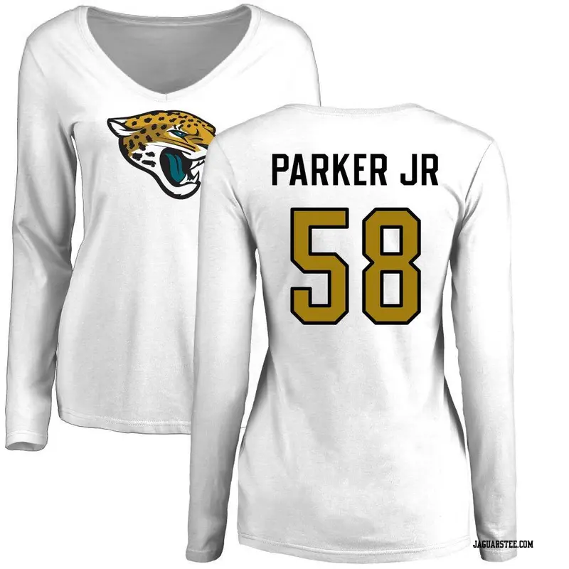 Women's Jacksonville Jaguars ＃58 Andrew Parker Jr. White Name & Number Logo Slim Fit Long Sleeve T-Shirt