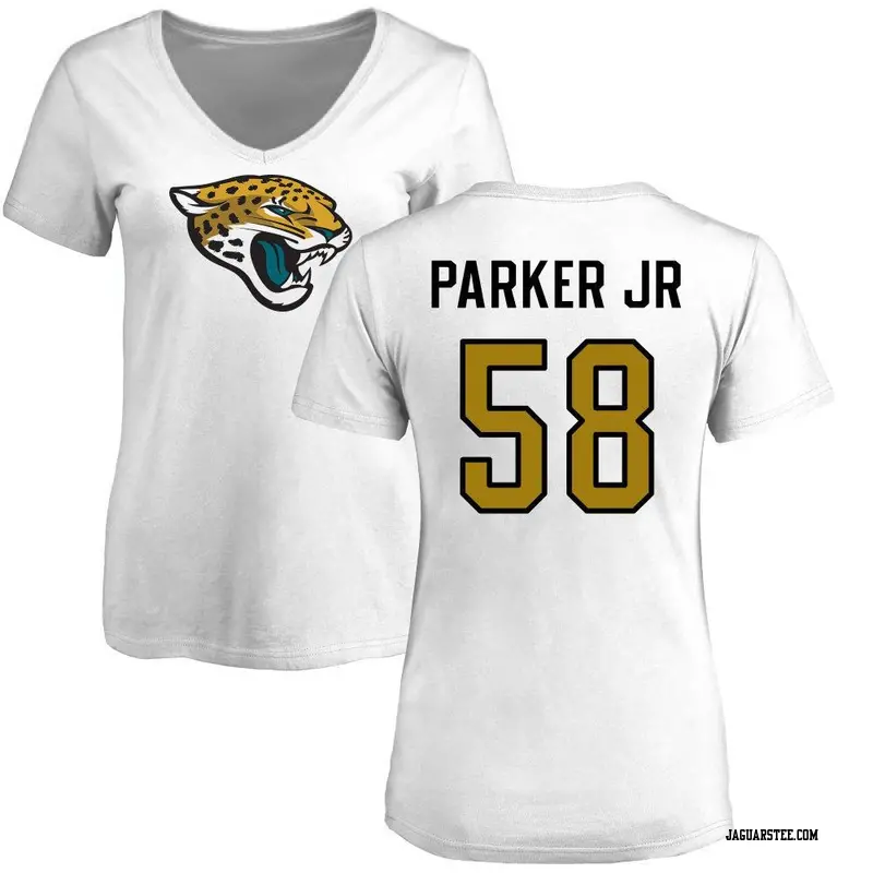 Women's Jacksonville Jaguars ＃58 Andrew Parker Jr. White Name & Number Logo Slim Fit T-Shirt