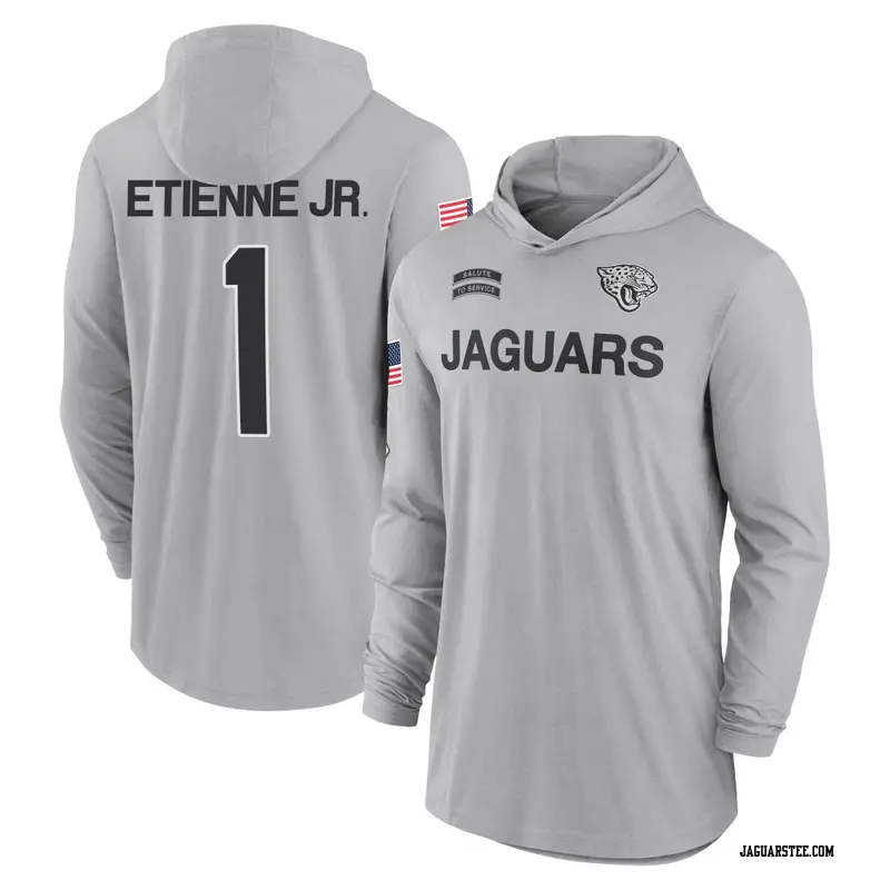 Youth Jacksonville Jaguars ＃1 Travis Etienne Jr. Gray 2024 Salute to Service Lightweight Performance Long Sleeve Hooded T-Shirt