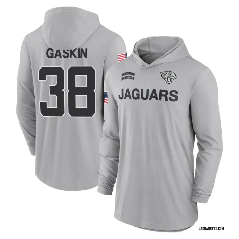 Youth Jacksonville Jaguars ＃38 Myles Gaskin Gray 2024 Salute to Service Lightweight Performance Long Sleeve Hooded T-Shirt